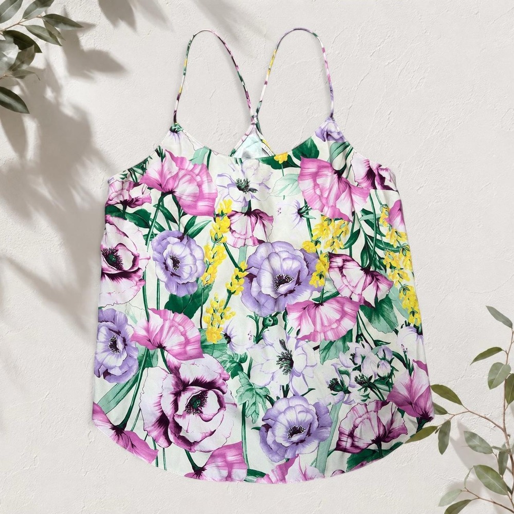 Victoria’s Secret Floral Cami Tank Top Satin Pink Purple White Small 392876-HMM